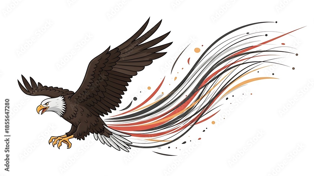 Fototapeta premium Soaring eagle illustration with stylized streamers on white