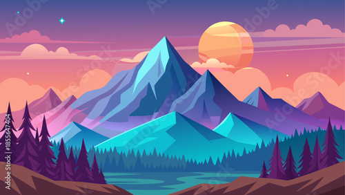 Minimal mountain background vector with pastel sky and simple shapes