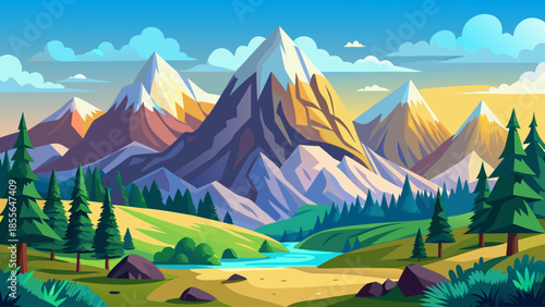 Mountain landscape vector illustration for website header with wide copy space and flat design