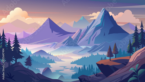 Foggy mountain landscape vector with soft gradients, calm atmospheric scene