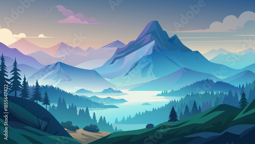 Foggy mountain landscape vector with soft gradients, calm atmospheric scene