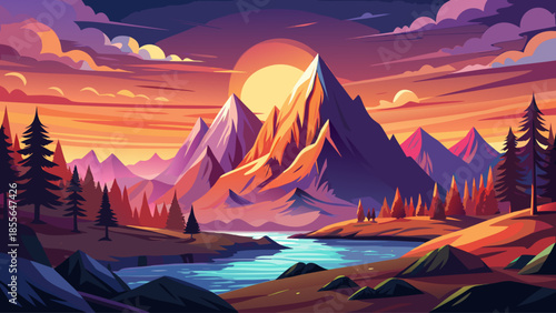 Mountain landscape vector with dramatic sunrise light, cinematic flat illustration