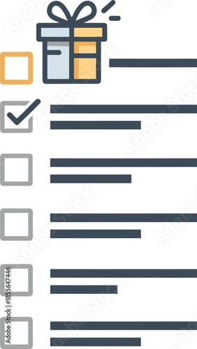 An illustration of a gift box icon above a checklist with one item checked, representing tasks or a wish list.