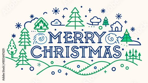 A charming outline illustration featuring the festive words "Merry Christmas" surrounded by various winter and forest elements like trees and snowflakes.