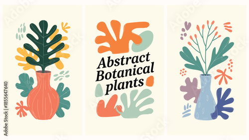 Vibrant abstract botanical illustration of colorful plants in decorative vases with artistic floral patterns on cream
