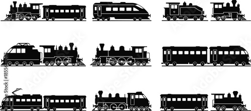Train and locomotive silhouette icon set featuring steam, diesel, electric, passenger, and freight railway vehicles