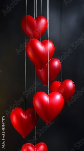 Red 3D hearts hanging on strings against dark background