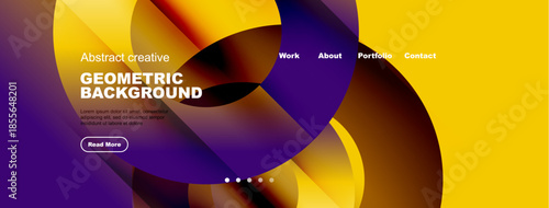 Abstract website mockup. Vibrant geometric shapes, yellow, purple hues dominate design. Text elements present, navigation visible.