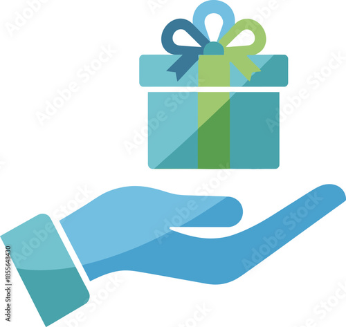 A blue hand holding a teal gift box with a blue and green ribbon and bow, symbolizing giving or receiving a present.