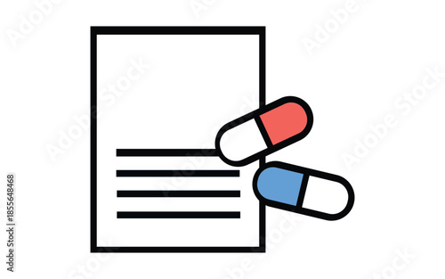 Medical prescription document with two colorful pills next to it on white