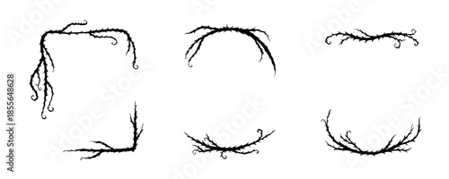 Thorn vine frames and borders vector set. Black twisted thorn branches, barbed stems, creepy patterns. Isolated design elements for tattoos, gothic art, religious symbols.