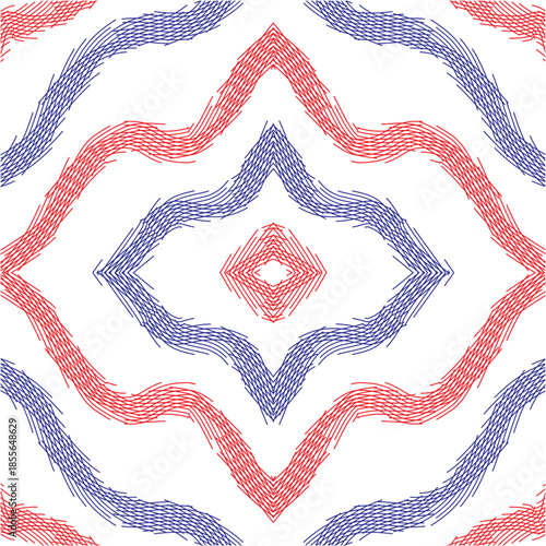 Knitted fabric with red and blue striped and floral patterns in a vintage seamless textile design