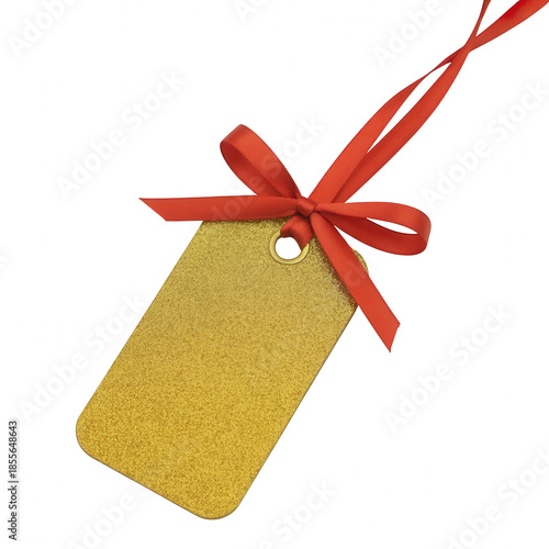 Glittery gold tag with red ribbon on transparent background black background