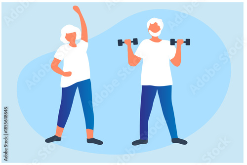  Elderly couple exercise vector illustration. Elderly people healthy lifestyle, healthy aging for senior care concept

