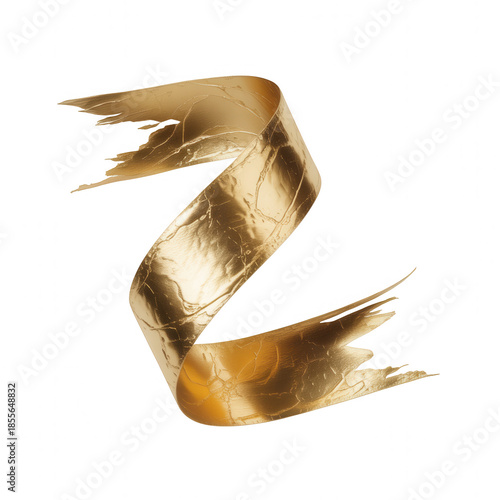 Shiny gold leaf ribbon curled with torn edges against transparent background black background