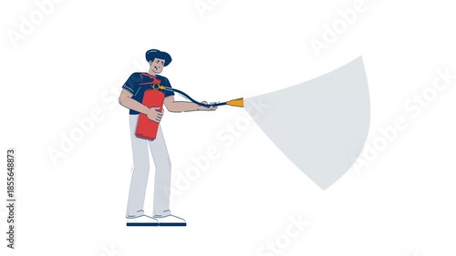 Panicked latino man using fire extinguisher 2D character doodle animation. Spraying foam nervous reaction. Scared hispanic guy firefighting drill animated person on white. Cartoon 4K video drawing