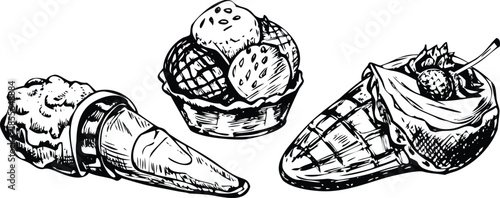 Four different types of ice cream cones are shown in a black and white drawing. The cones are all different shapes and sizes, and they are all filled with different types of ice cream