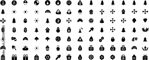 A collection of black and white icons, including Christmas trees, snowflakes, and a cross