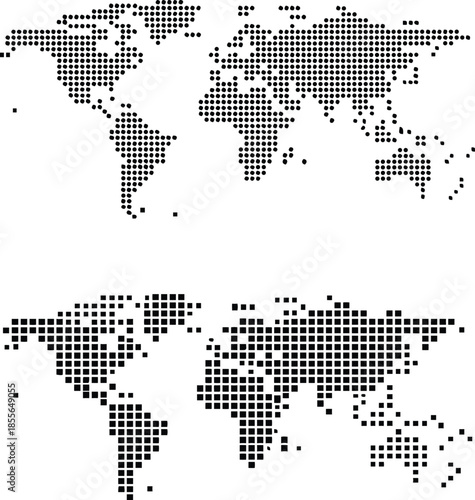 A black and white image of the world is shown in two different views