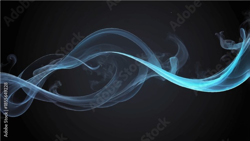 Abstract smooth blue smoke waves create a flowing motion pattern with elegant curves and artistic swirls of light on a dark black background design