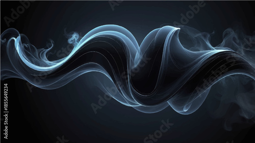 An abstract fractal design features a smooth blue wave of light and smoke swirling in a motion pattern over a black background texture