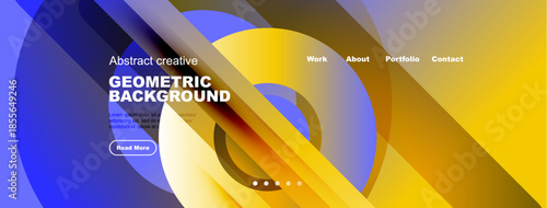 Abstract website design features vibrant geometric shapes, gradients. Navigation includes work, about, portfolio, contact options. Read more button visible.