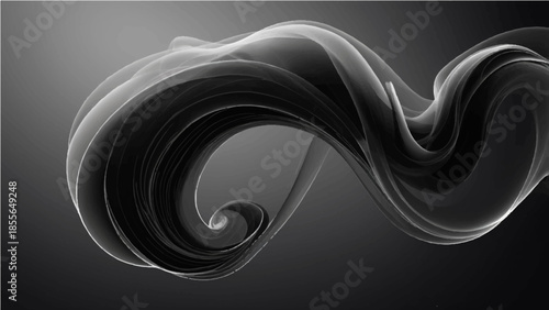 Abstract black backdrop with blue smoke swirls and liquid wave patterns creates a digital fractal illustration of energy and motion in a spiral vector design