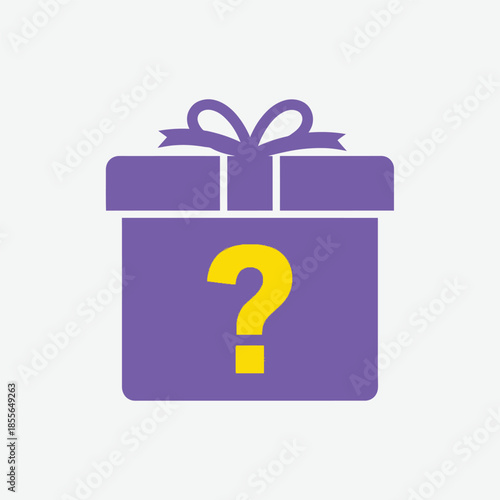 A purple gift box with a yellow question mark on a light background, symbolizing mystery or a surprise.