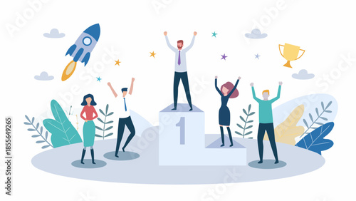 People celebrating success on podium with rocket and trophy