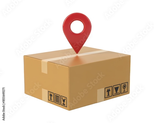 A brown cardboard delivery box with a red location pin on and black handling transparent background