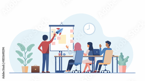 Diverse team collaborating on project with whiteboard