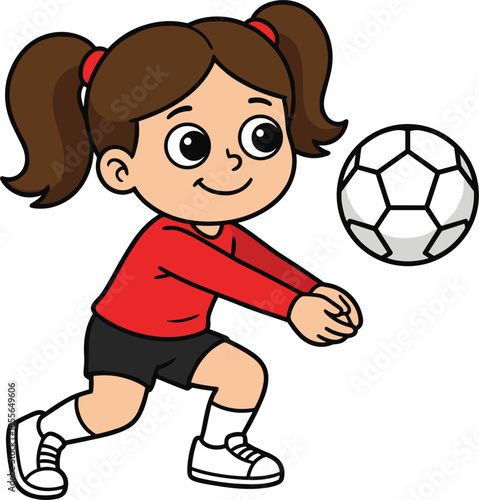 Cartoon young girl volleyball player vector illustration, happy kid athlete in red shirt bumping a ball, active childhood sports character design.