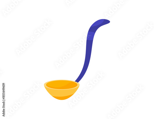 Illustration of a ladle or soup spoon. Object or item. Kitchen utensil or cooking utensil for stirring food and scooping up soup. Equipment, symbol, flat design. Clip art, sticker, white background