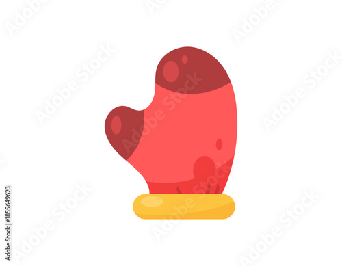 Illustration of a red cooking or oven mitt. Object or item. Kitchen utensil or hand protection tool when cooking, protecting from heat. Equipment, symbol, flat style design. Clip art, sticker