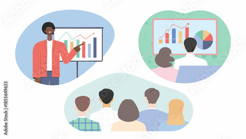 Business professionals analyzing data and presenting reports