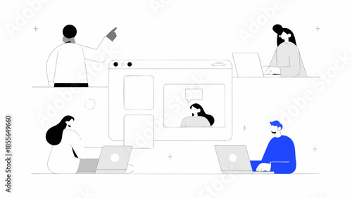 Remote team collaborating online with laptops