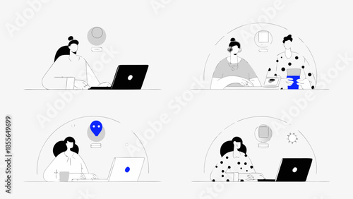 Professionals working remotely with laptops and technology