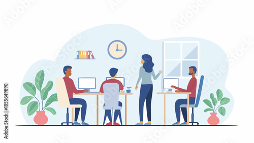 Diverse team collaborating in modern office space