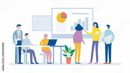 Diverse team collaborating on business project with charts