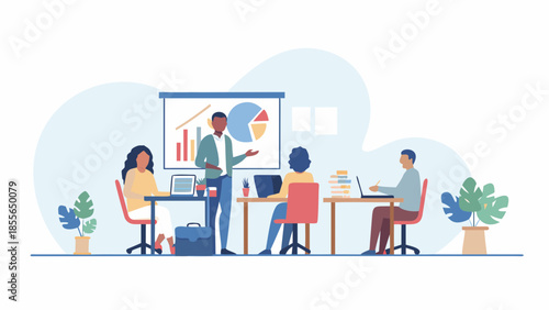 Diverse team collaborating on business presentation