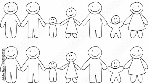 Diverse happy stick figure families together