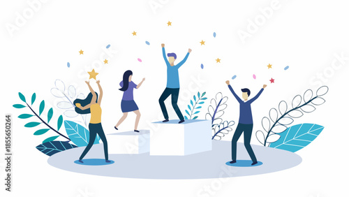 Diverse team celebrating success with stars and confetti