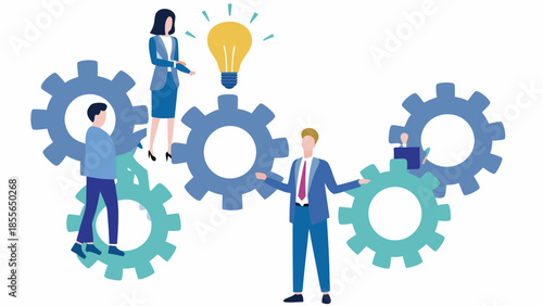 Business team working together with gear mechanism and lightbulb idea