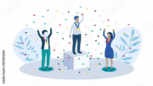 Diverse team celebrating success with confetti and medals