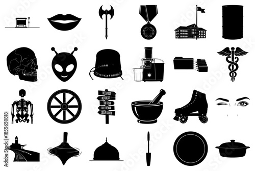 Collection of Black and White Silhouette Icons Keywords: bus stop, lips, axe, medal, building
