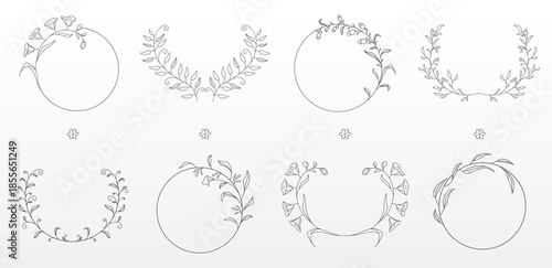 Elegant floral frame with delicate flower wreath and monogram design. Vintage circle border with laurel leaves and botanical elements for wedding invitations. Vector royal decorative pattern.