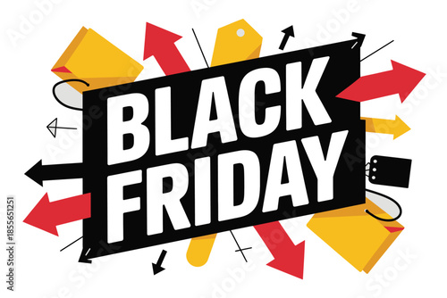 Dynamic Black Friday sale graphic with arrows and shopping bags