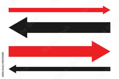 Red arrows pointing both ways. Both sided right left pointing arrow. Horizontal double-headed arrow. Dual sided red arrow vector. Arrows data transfer icon.