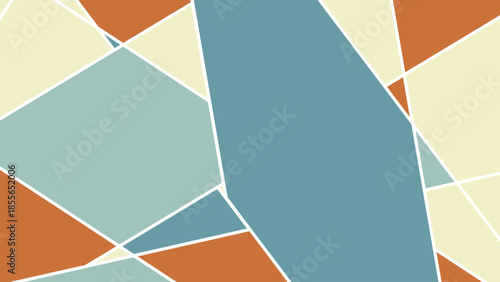 Abstract Geometric Pattern Featuring Sharp Asymmetrical Polygons in a Retro Palette of Muted Orange, Teal Blue, and Cream Beige Intersected by Thin White Lines for a Modern Mid-Century Aesthetic