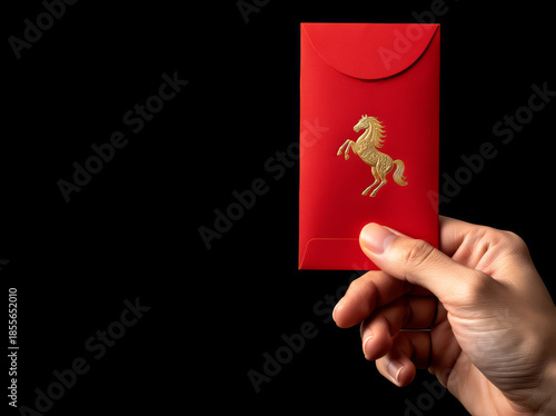 Hand holding red envelope with golden horse emblem against isolated black background for Year of the Horse.